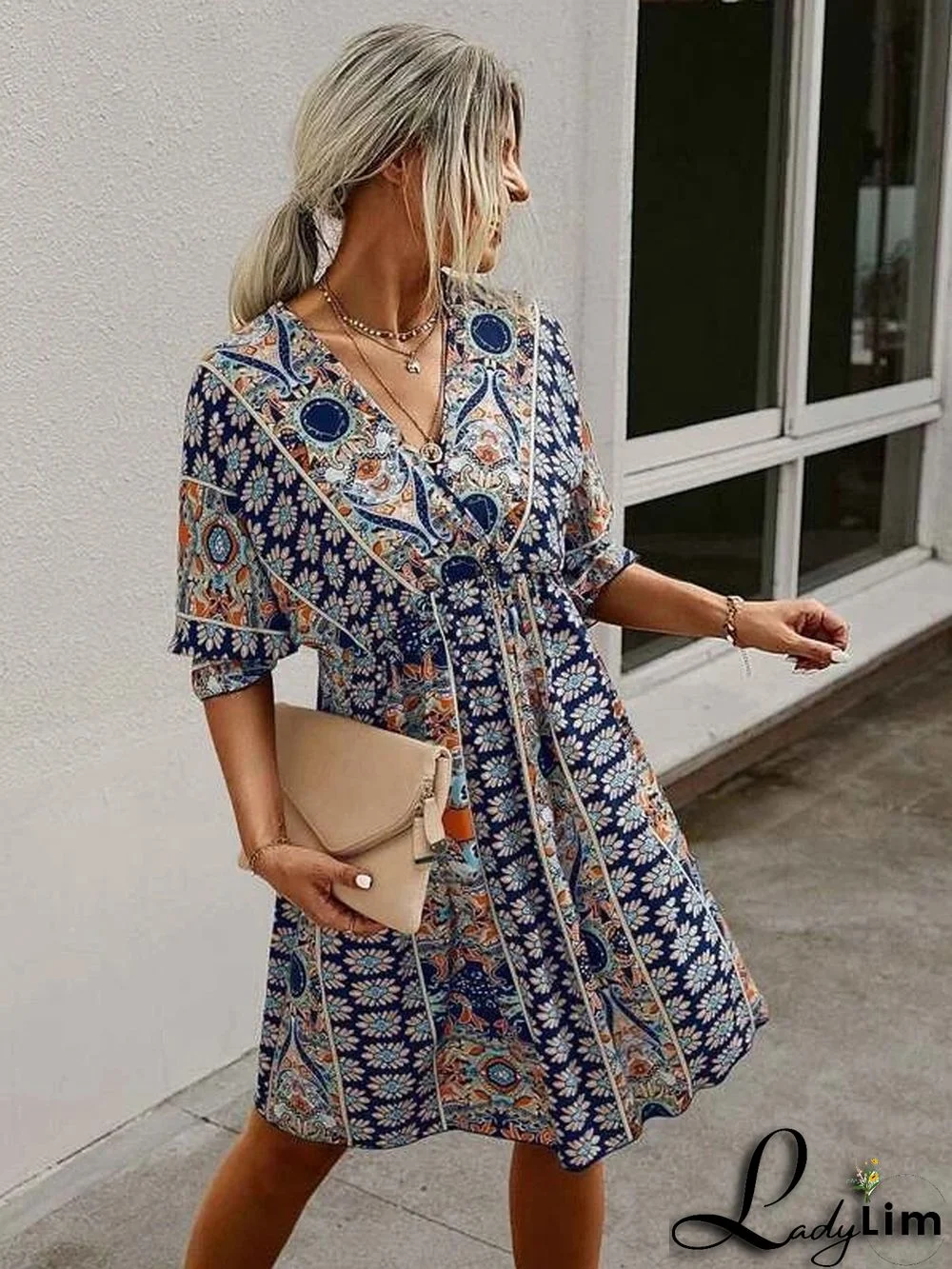 Spring Summer Fashion Print V-Neck Low Back Lace-Up Sexy Short Sleeve Dress