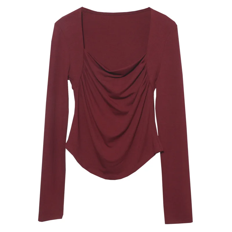 Brownm French Style Long-Sleeved T-Shirt Girl Autumn And Winter Collar Folded Folded Body Inside The Bottom Shirt Top 1665