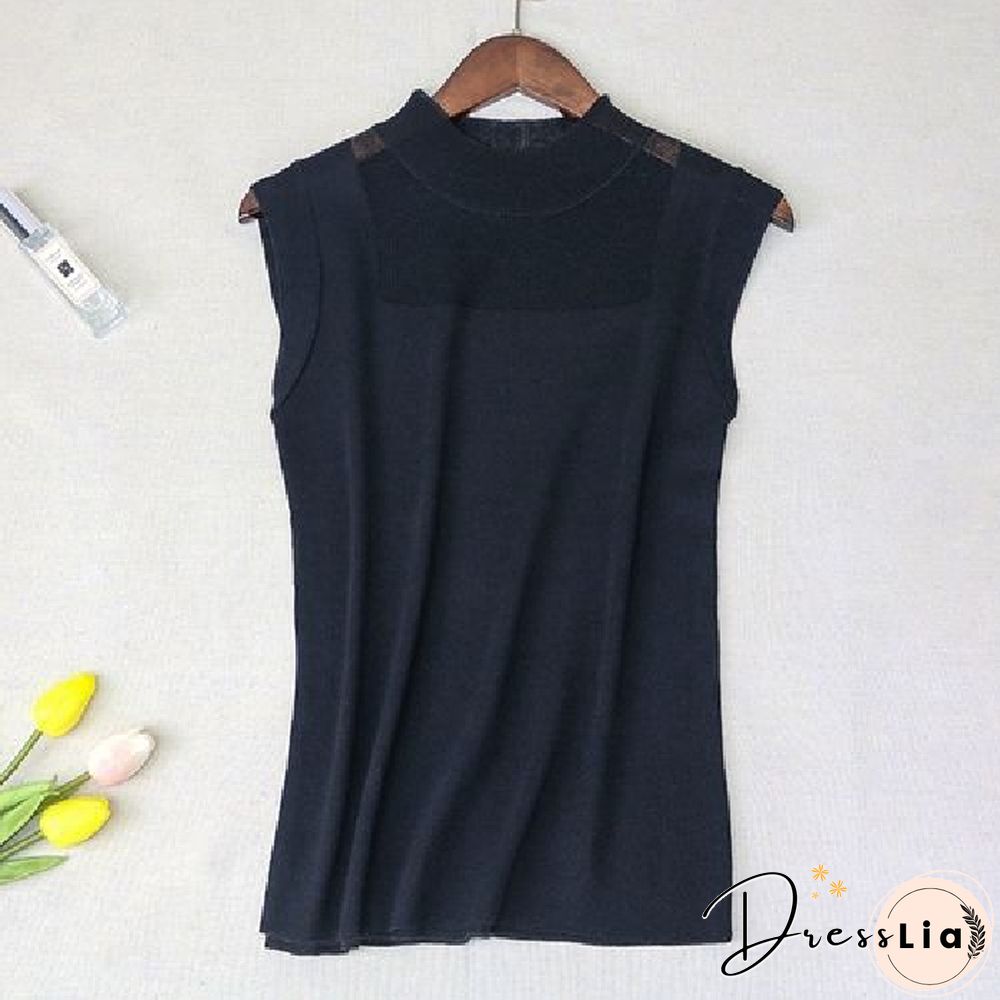 Hollow Out Sleeveless Women Knitted T Shirts Turtleneck Black Lace Sexy Lady Vest T Shirts Pink Loose Summer Thin Knit Tops