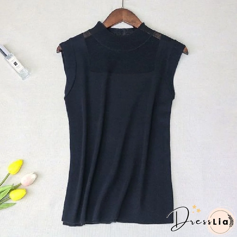 Hollow Out Sleeveless Women Knitted T Shirts Turtleneck Black Lace Sexy Lady Vest T Shirts Pink Loose Summer Thin Knit Tops