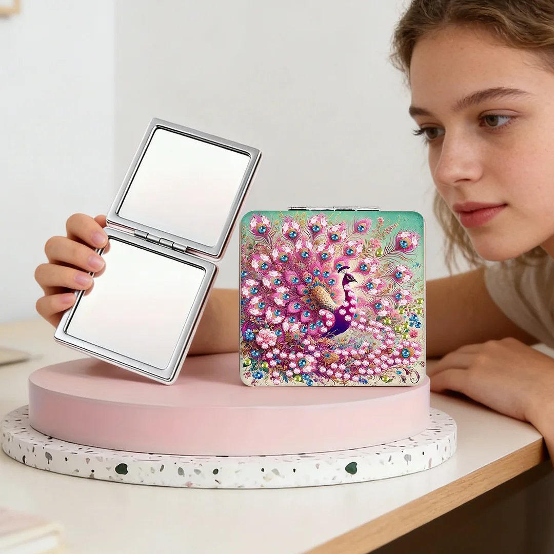Pink Peacock DIY Special Shaped Diamond Painting Compact Mirror Kits Diamond Art Painting Pocket Mirror for Adults and Beginners