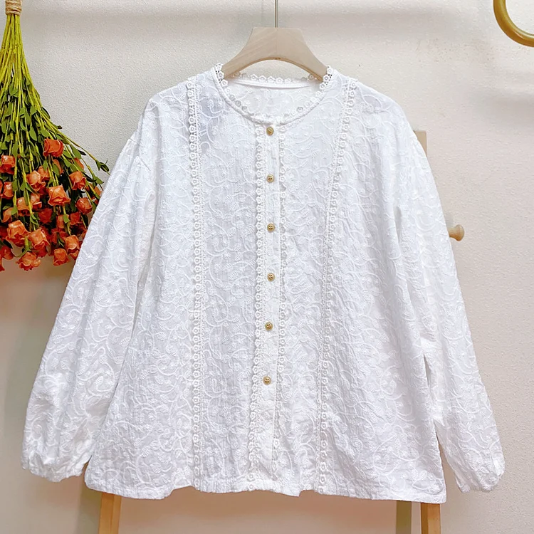 Vintage Embroidery Long Sleeve Round Neck Shirt - yankia