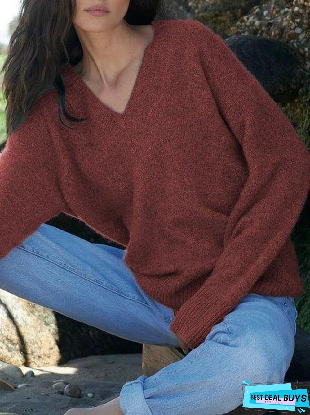 Shift Casual V Neck Solid Sweater