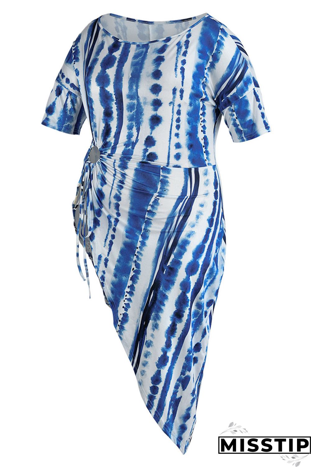 Blue Fashion Casual Print Bandage Asymmetrical O Neck Plus Size Tops