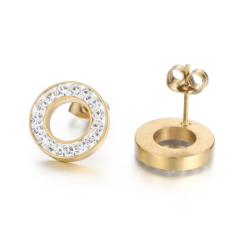 1 Pair Minimalist Round Solid Color Inlay Stainless Steel Crystal Rhinestones 18K Gold Plated Ear Studs