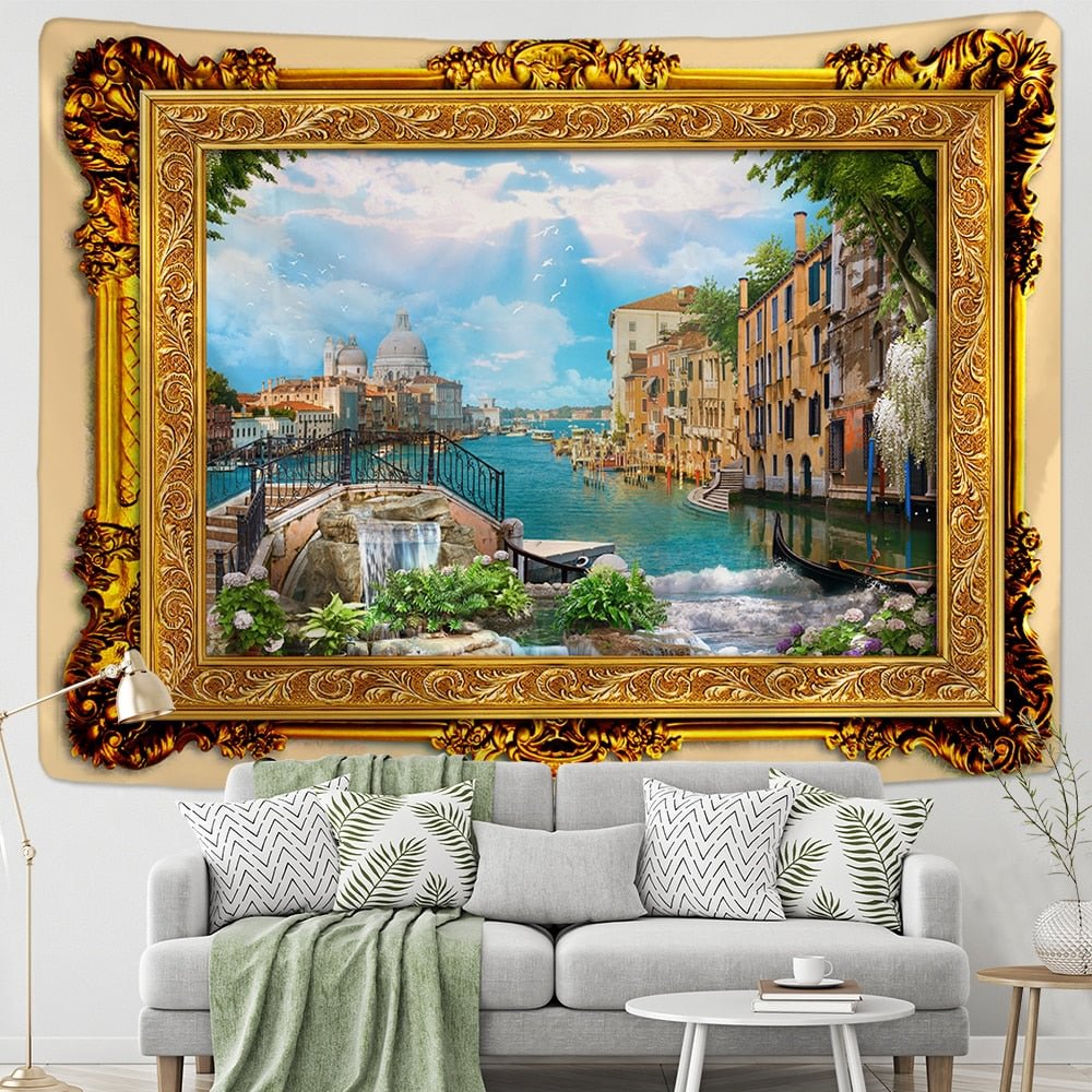 Fake Frame Tapestry Wall Hanging River Sky Clouds Bohemian Dorm Decor Yoga Mat Rug Architectural Attraction Venice
