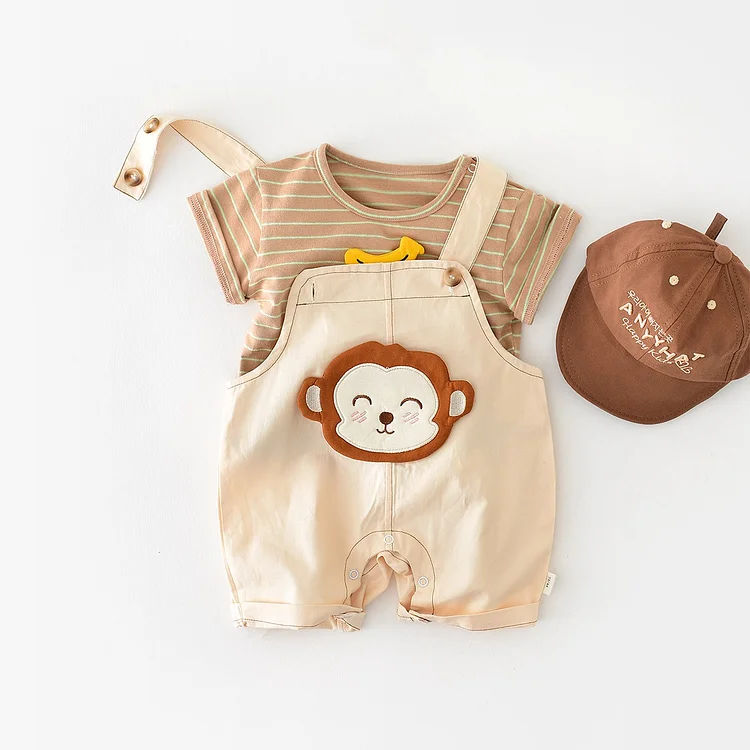 Baby Boy/Girl Embroideried Monkey Solid Suspender Snap Romper & Solid Cute Banana Embroidery Stripe Classic Crewneck T-shirt Set