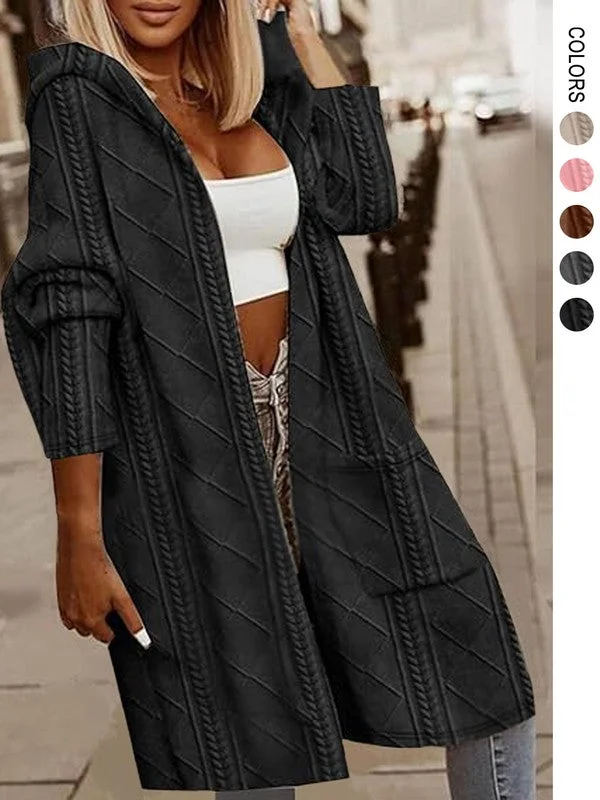 Womens Long Cardigan Cable Knitted Open Front