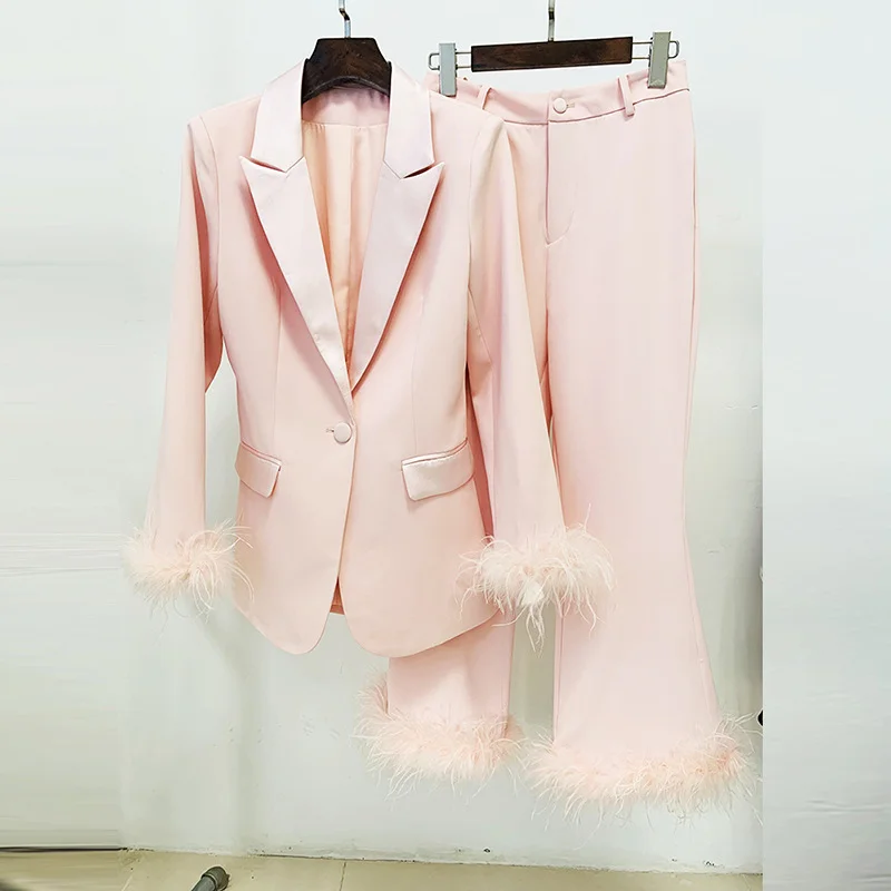 Nigikala Nigikala New Fashion Temperament Real Feather Ostrich Hairy Blazer Nine-Point Trouser Suit Two Sets