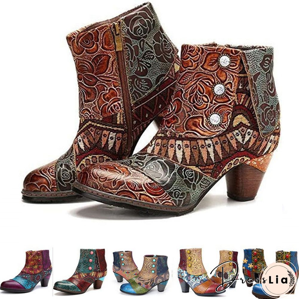 Ladies Fashion Round Toe Patent Leather High Thick Heel Stitching Casual Side Zipper Martin Boots