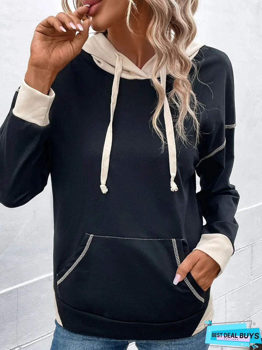 Plain Casual Drawstring Jersey Sweatshirt