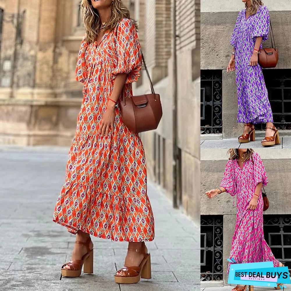 Short Sleeved Medium Length Bohemian Print Dress