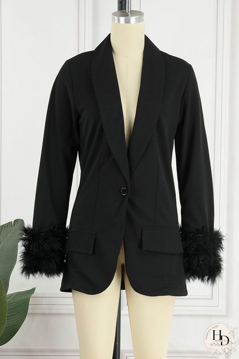 Black Casual Solid Patchwork Buttons Feathers Turn-back Collar Outerwear