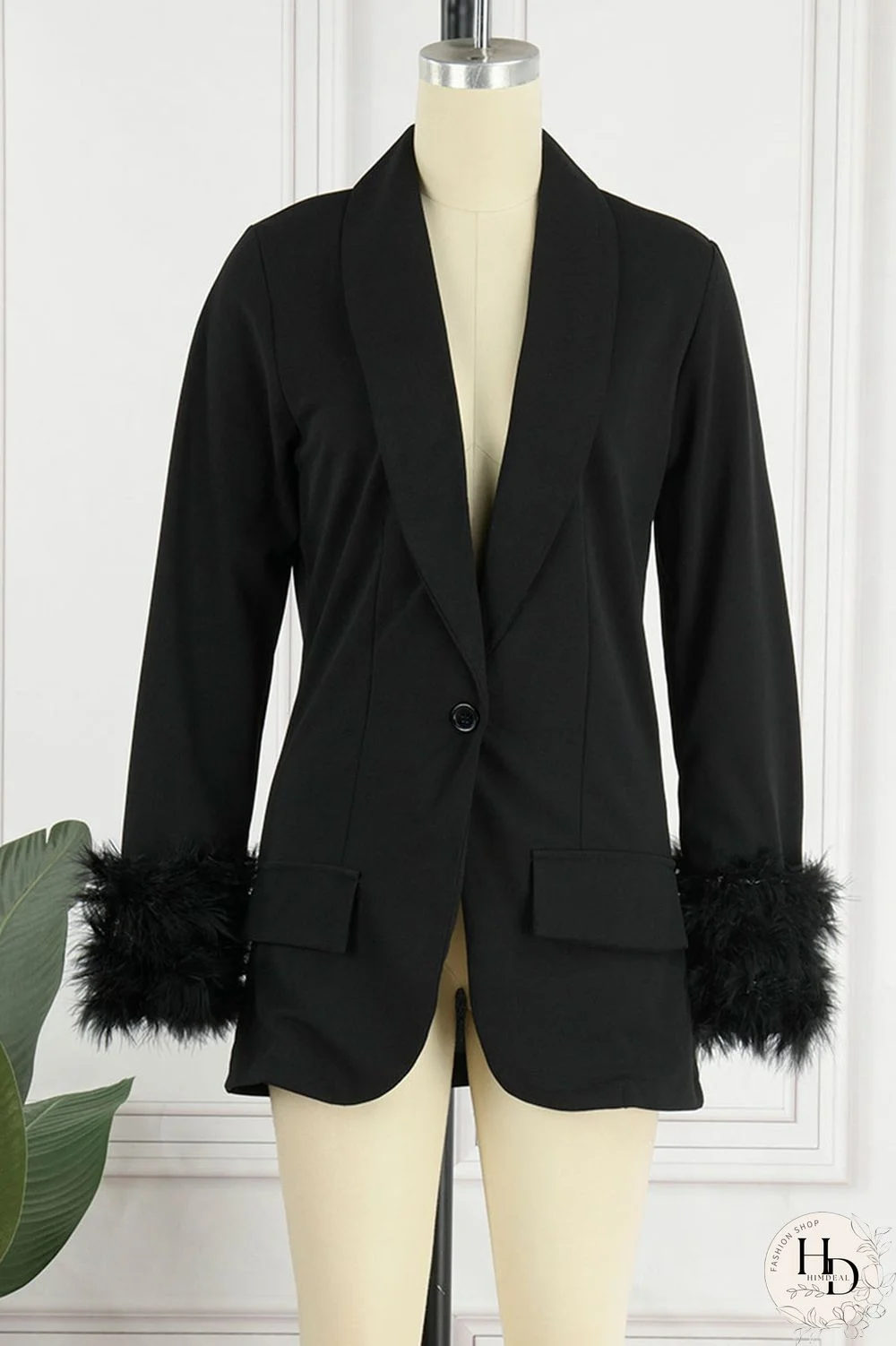 Black Casual Solid Patchwork Buttons Feathers Turn-back Collar Outerwear