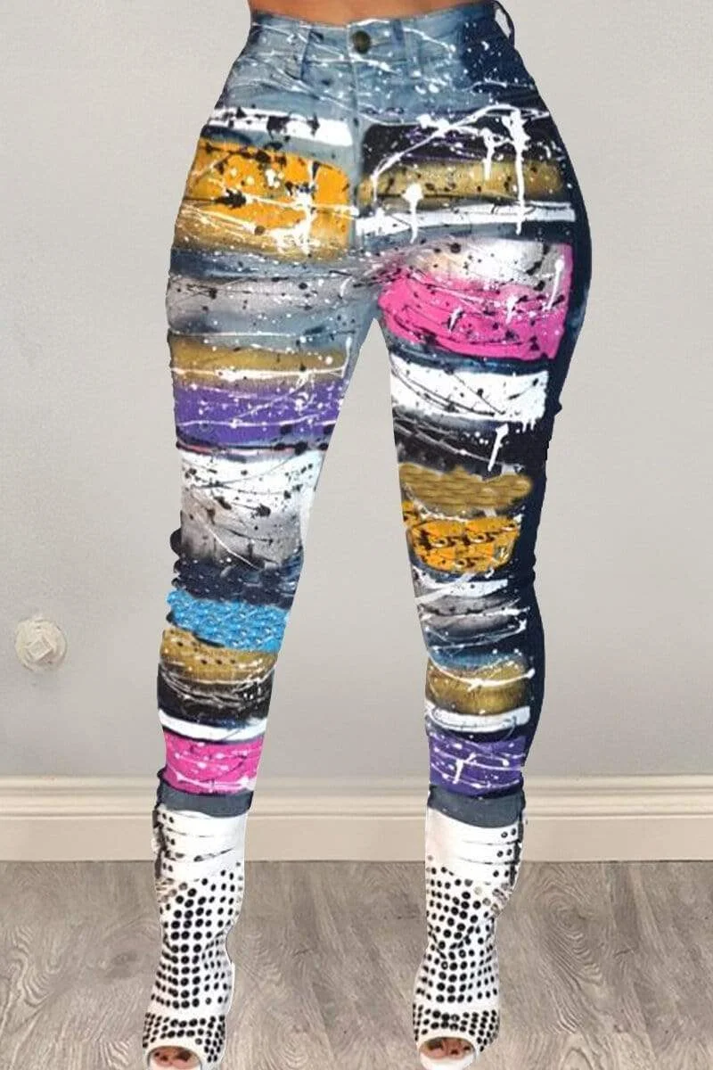Fashion Digital Print Denim Trousers