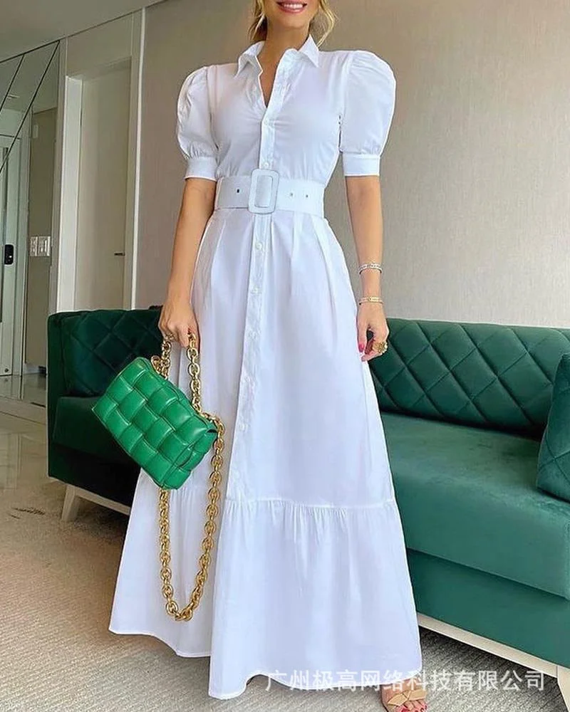 European and American women's white puff sleeve shirt dress-with belt