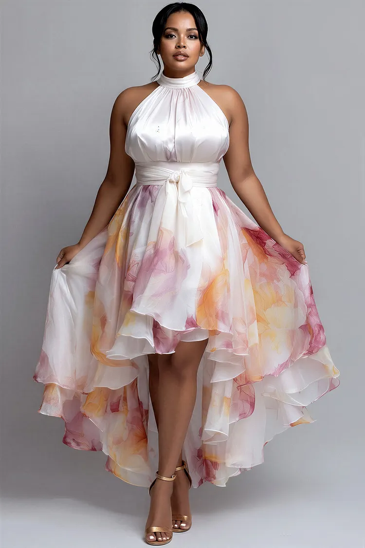 Xpluswear Design Plus Size Cocktail Party Organza White Floral Halter Collar High Low Hem Satin Midi Dresses [Pre-Order] 2024 - Xpluswear