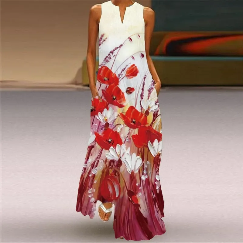 Bohemian Printed Sleeveless Maxi Dress Women Casual V-neck Robe Dresses Female Plus Size Beach Holiday Dress