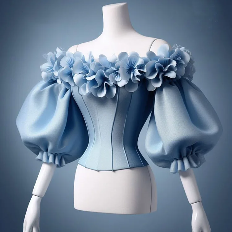 Ursime Off The Shoulder 3D Floral Puff Sleeve Corset Blouse