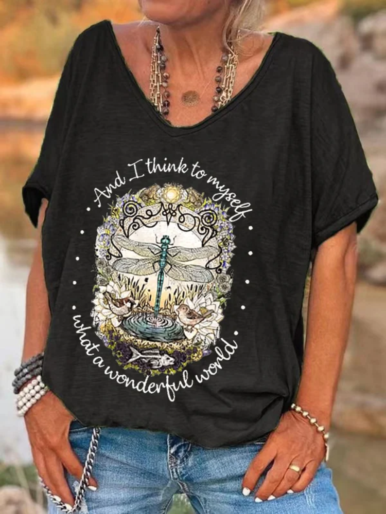 V-neck Dragonfly Hippie And I Think To Myself What A Wonderful World Print T-Shirt