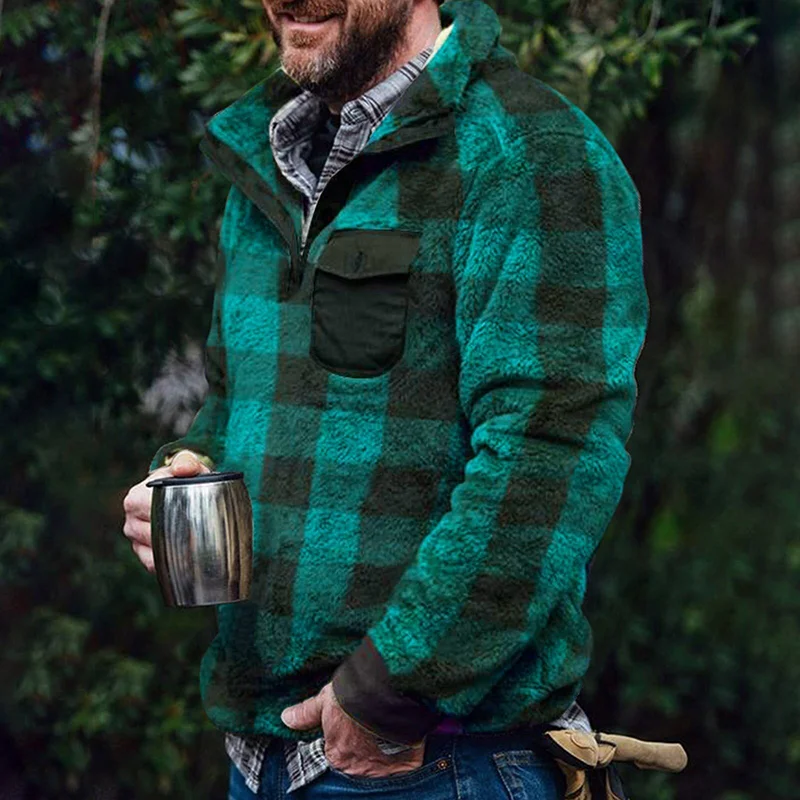 Casual Green Check Half-Zip Sweatshirt