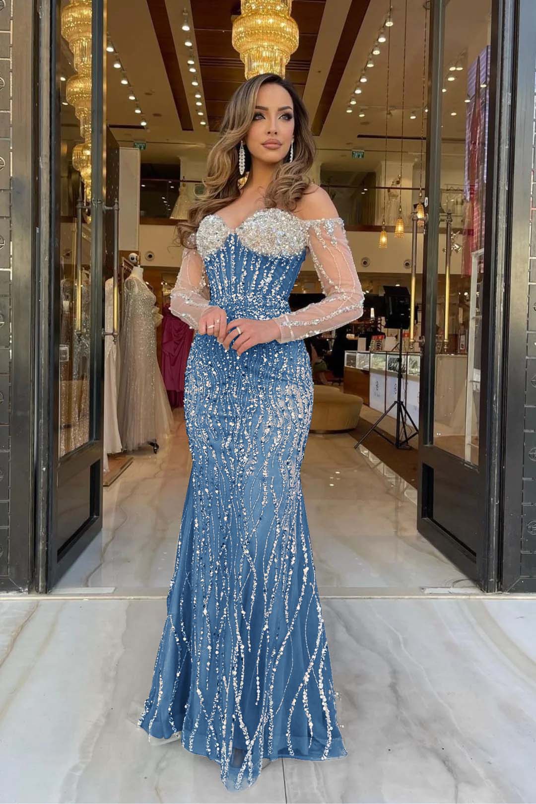 Lisliy Heavy Prom Dress Sweetheart Long Sleeves Strapless Beadings Long Tulle 
