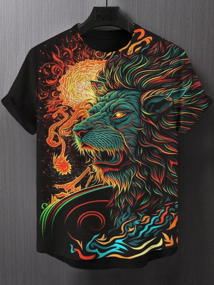 Men's Colorful Fire Lion Art Print Casual T-Shirt
