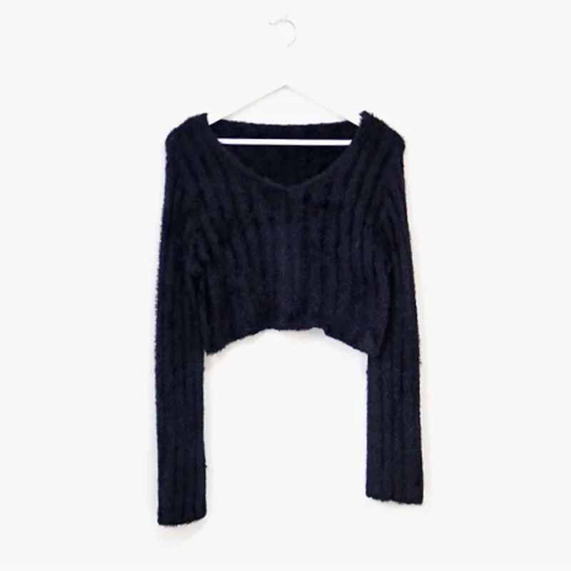 Syiwidii Woman Crop Sweaters Autumn Winter 2021 New Pullovers Long Sleeve V-Neck Knitted Top Harajuku Pink Black Short Jumper