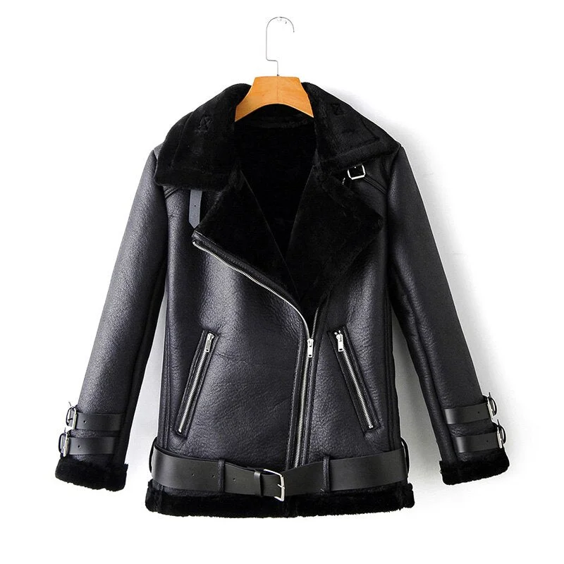 FTLZZ New Winter Women Faux Lamb Leather Jacket Turn Down Collar Wool Fur Collar Pu Moto Zipper Jacket Warm Thick Outerwear