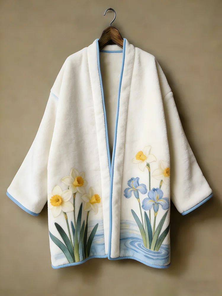 Oriental aesthetic printed flannel embroidered medium and long kimono cardigan