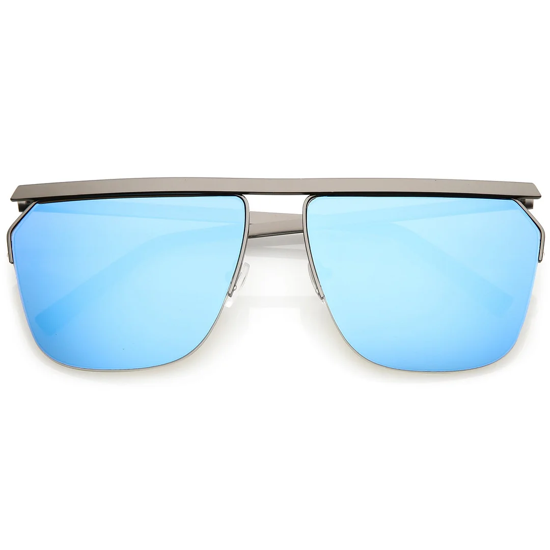Overesize Modern Semi Rimless Aviator glasses Straight Crossbar Color Mirrored Flat Lens 63mm