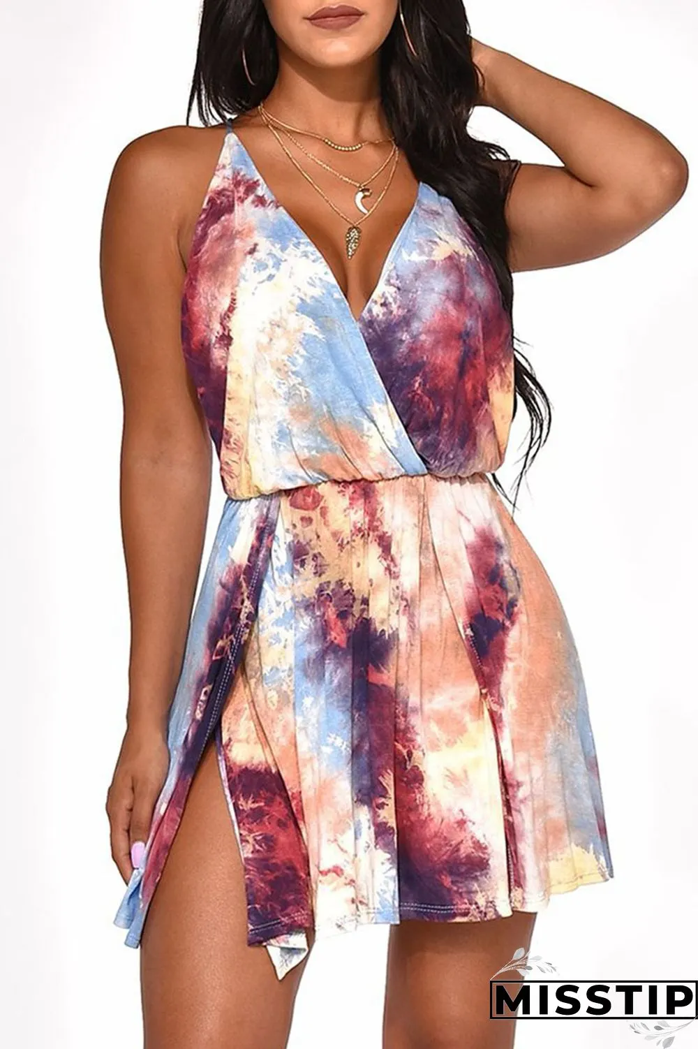 Light Blue Sexy Gradual Change Print Patchwork Backless V Neck A Line Dresses