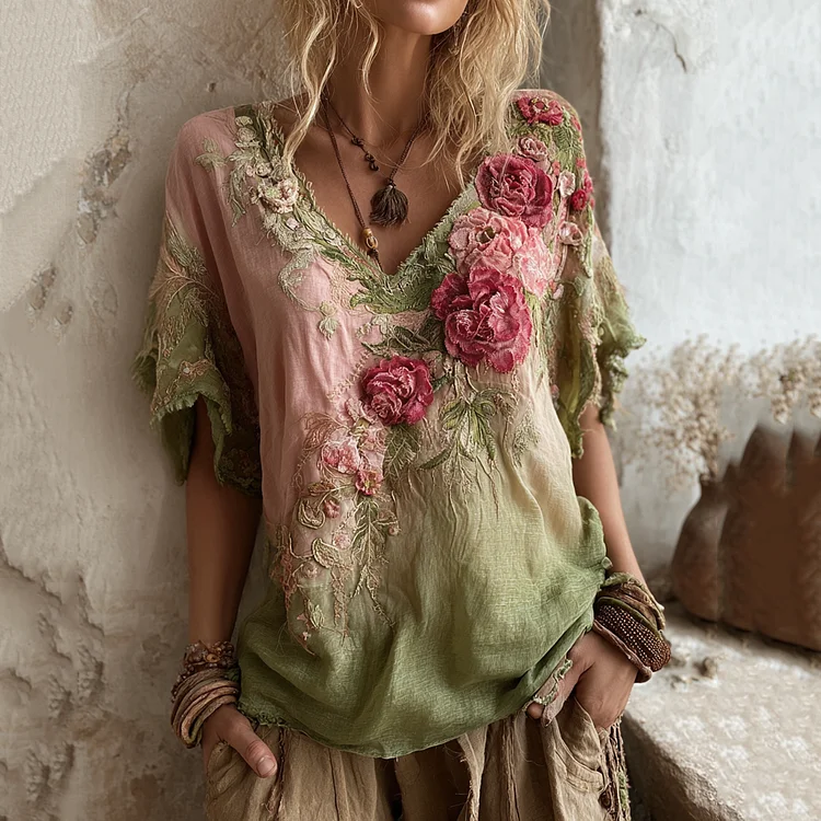 Women's Retro Floral Embroidered Linen T-shirt