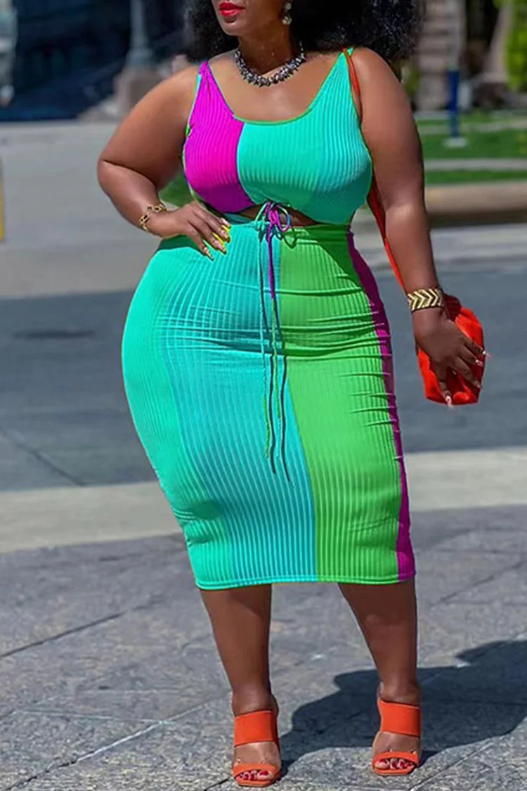 Color Blue Casual Print Patchwork U Neck Plus Size Two Pieces