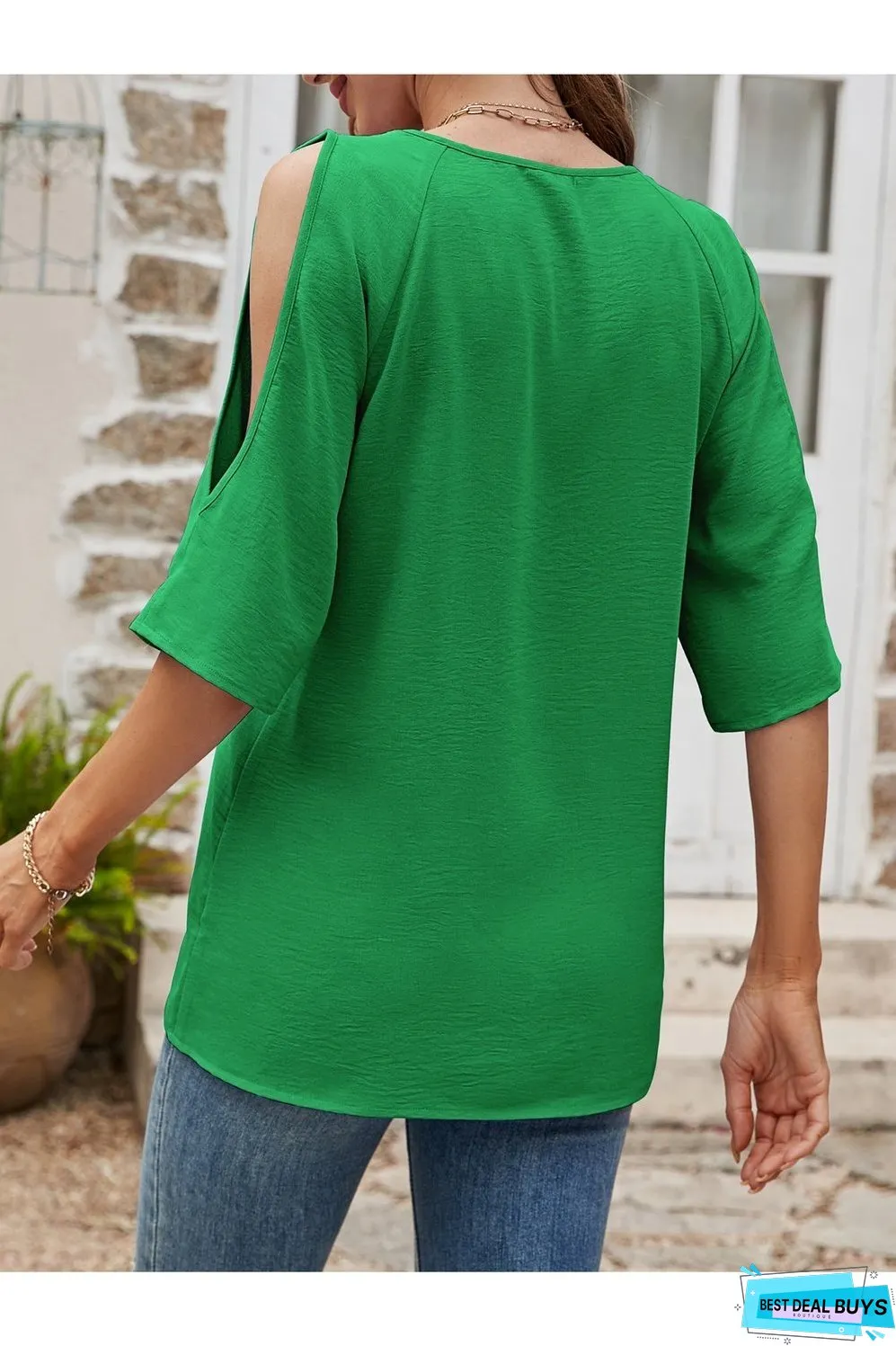 Textured Round Neck Split Sleeve Top