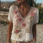 Boho Pink Floral Lace Patchwork Comfy Linen Shirt - Image 2