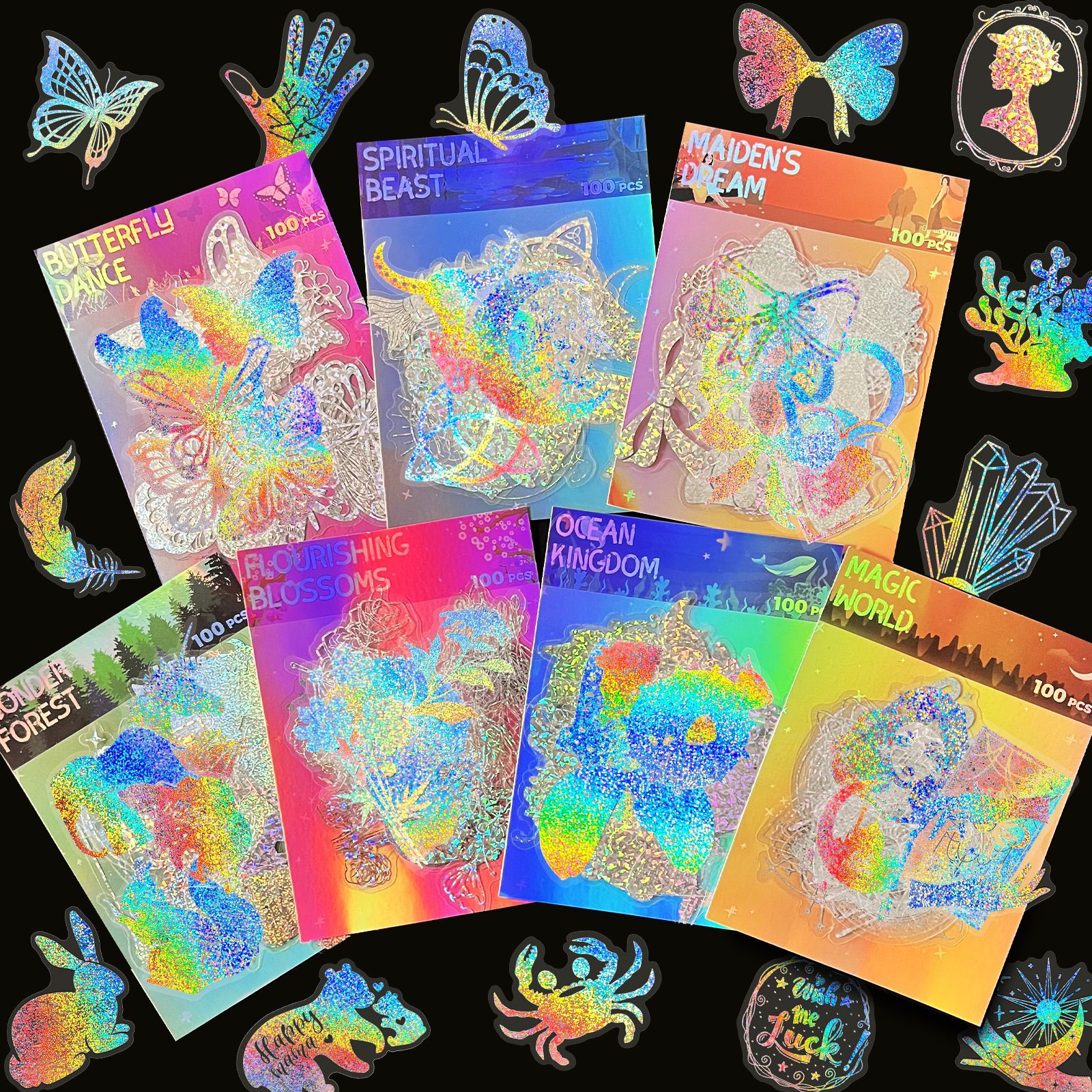 Holographic Dreams: 100pcs Transparent Laser Stickers for DIY & Crafts - PET Vintage-Inspired