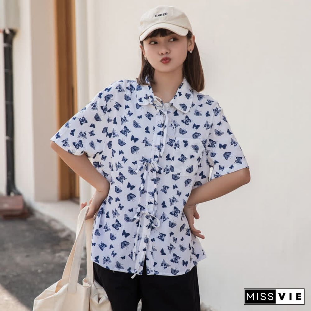 Vintage Butterfly Print Pocket Lace Up Loose Polo Shirt