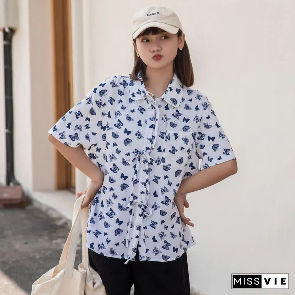 Vintage Butterfly Print Pocket Lace Up Loose Polo Shirt