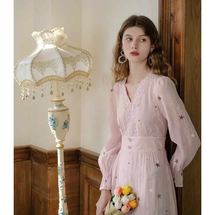 Fairy Tales Aesthetic Star Embroidered Fairy Pink Dress QueenFunky