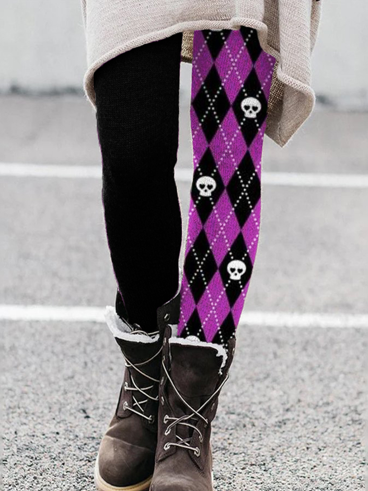 Lovely Skull Diamond Pattern Contrast Leggings wearshes