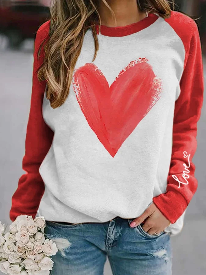 Women's Watercolor Love Heart Print Casual Sweatshirt socialshop