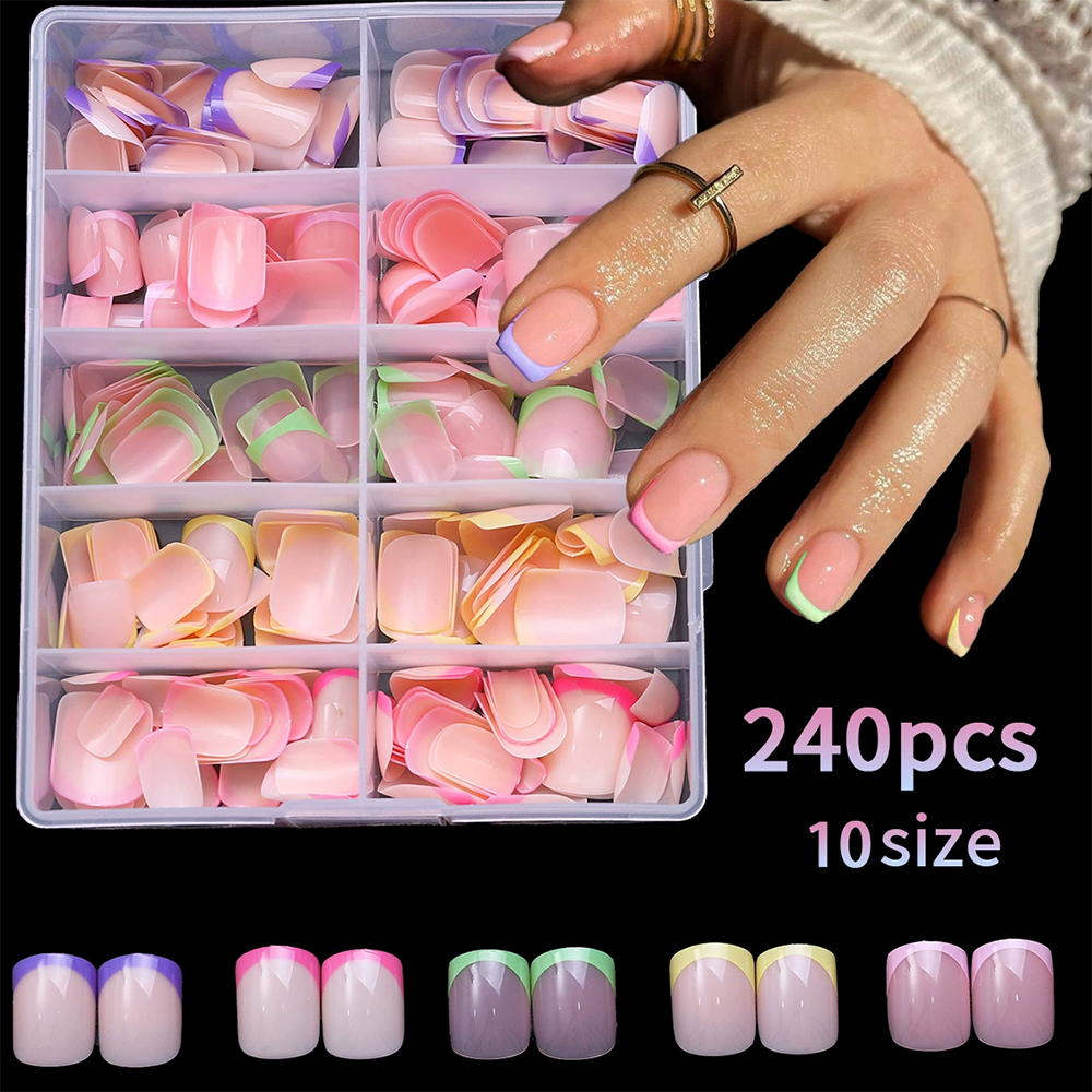 Ddmcloud 240pcs Vibrant French Nail Tips in Pink/Yellow/Green/Purple/Rose Red Chic Short Square Press-On Nails Simple & Elegant Nail Styl