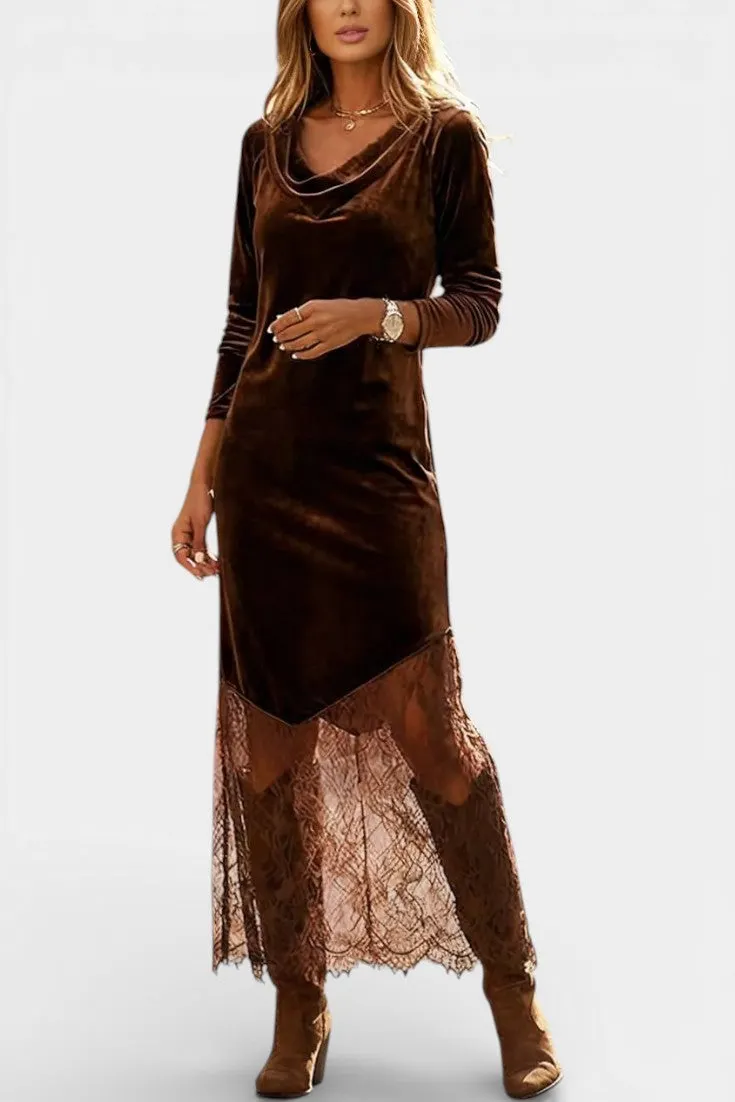 Cowl Neck Velvet Maxi Dress with Lace Overlay