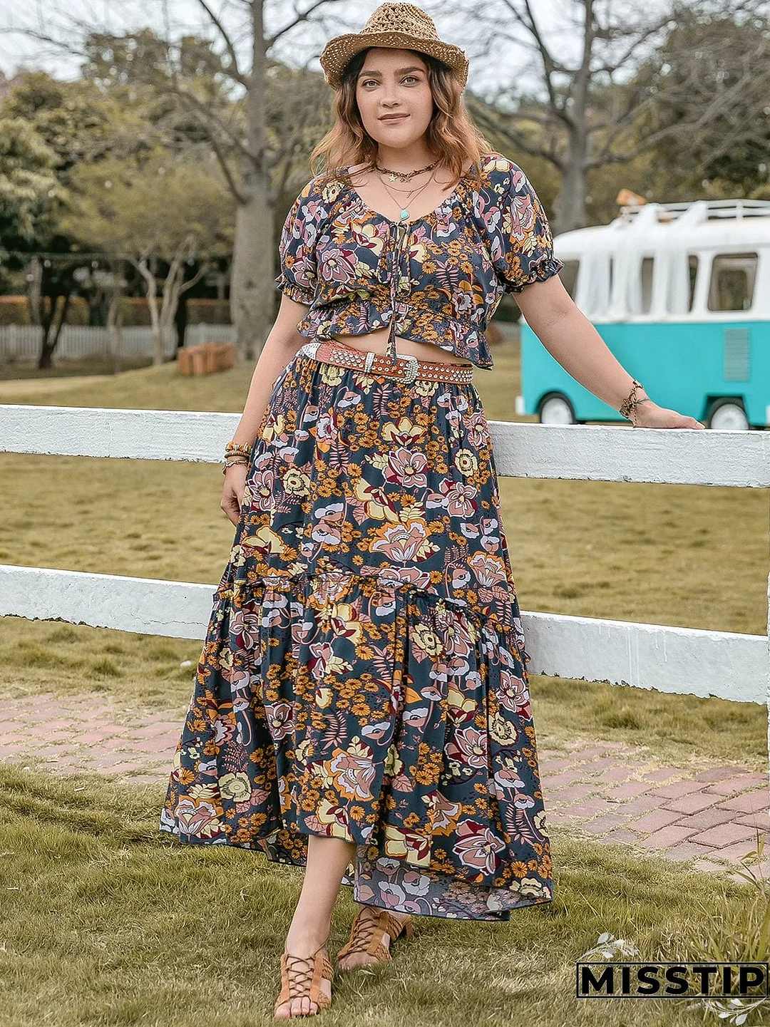 Plus Size Tie Neck Short Sleeve Top and Skirt Set