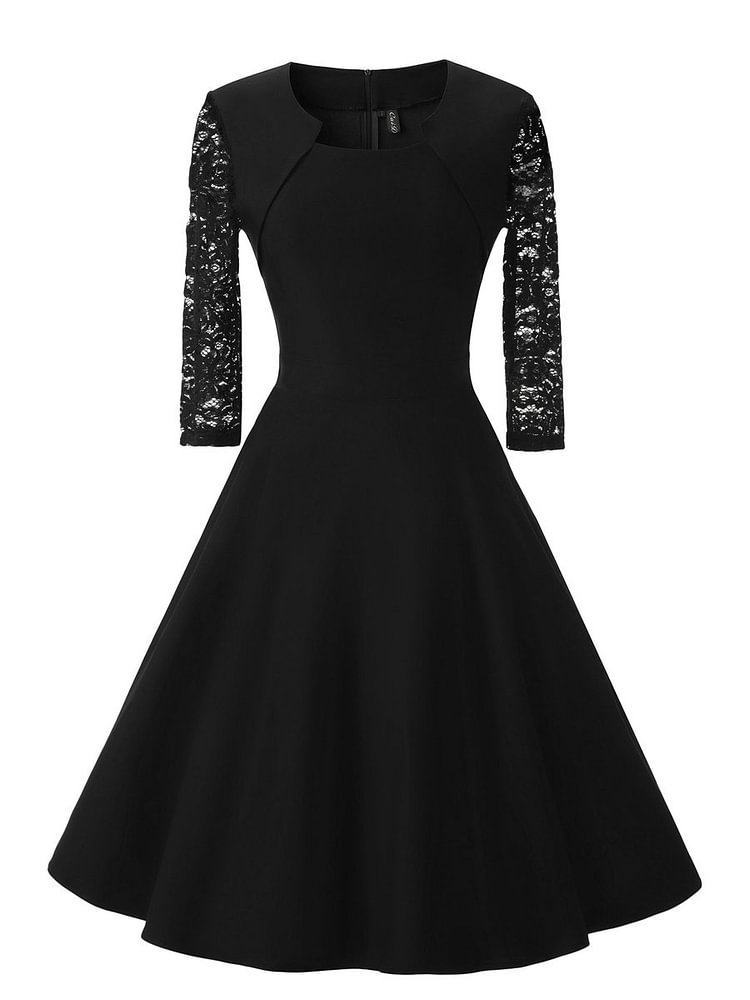 Mayoulove Vintage Solid Color Square Neck Dress-Mayoulove