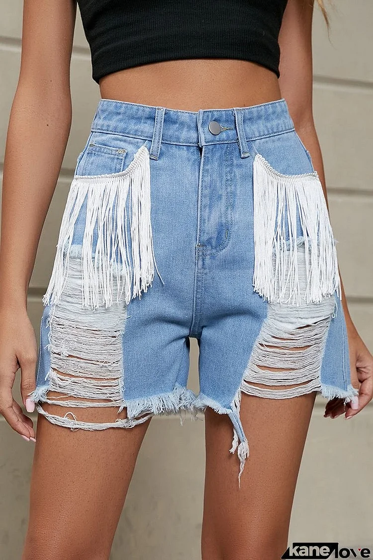 Casual Simplicity Solid Tassel Ripped Straight Denim Shorts