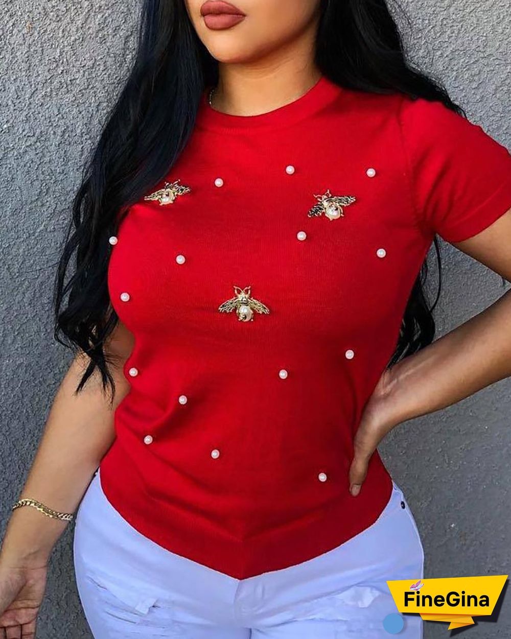 Beaded Detail Short Sleeve T-Shirt P10177