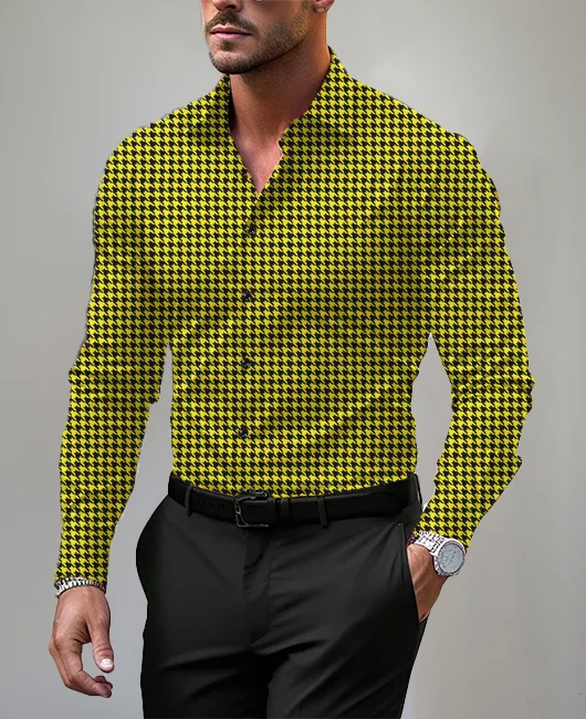 Turndown Collar Single-breasted Houndstooth Print Long Sleeve Shirt Okaywear