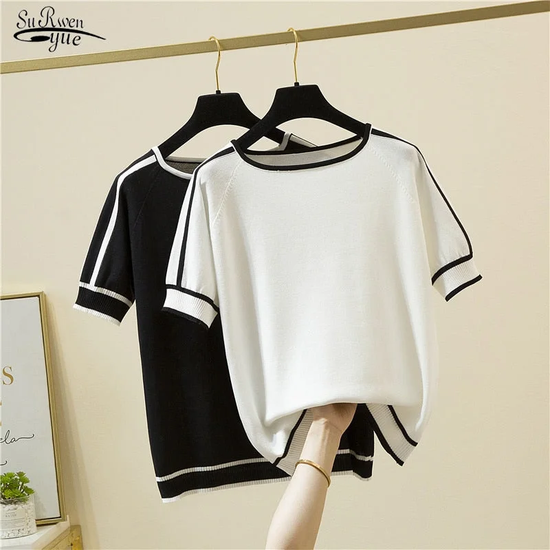 Camisetas Mujer Short Sleeve 2022 Summer Blouse Thin Knitted Shirt Women Tops Woman Clothes Striped Fashion Shirt Femme 18841
